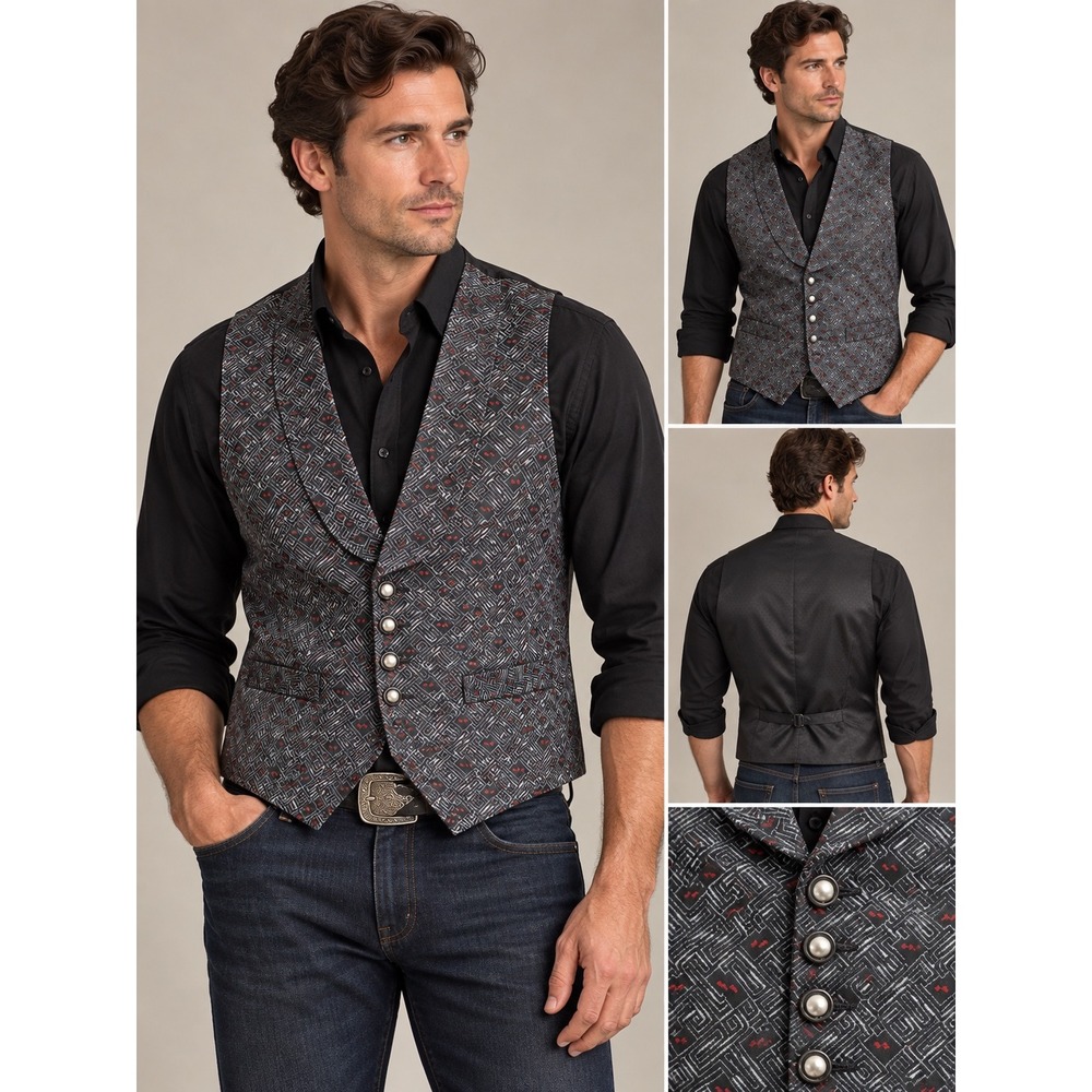 Wah Maker Arizona True West Mens Western Vest Black Grey Geometric Pattern Large